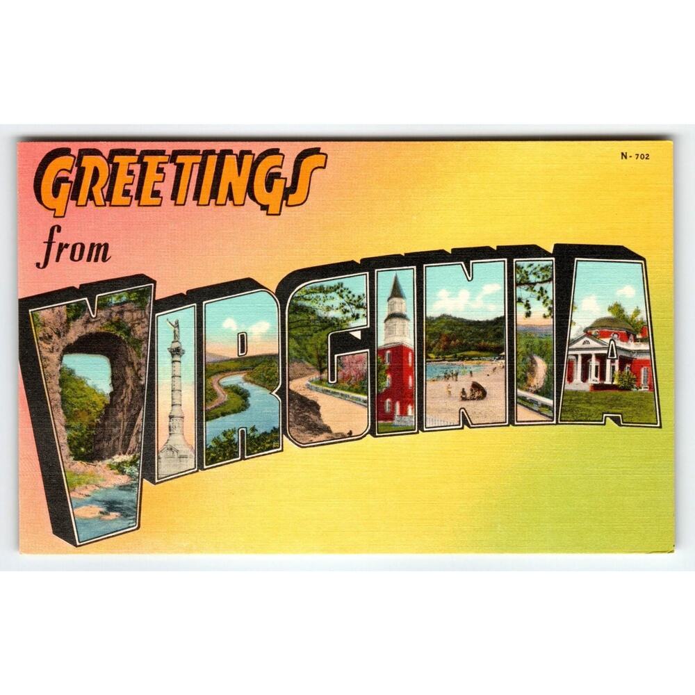 Greetings From Virginia 1940's Vintage Original Postcard Large Big Letter Linen
